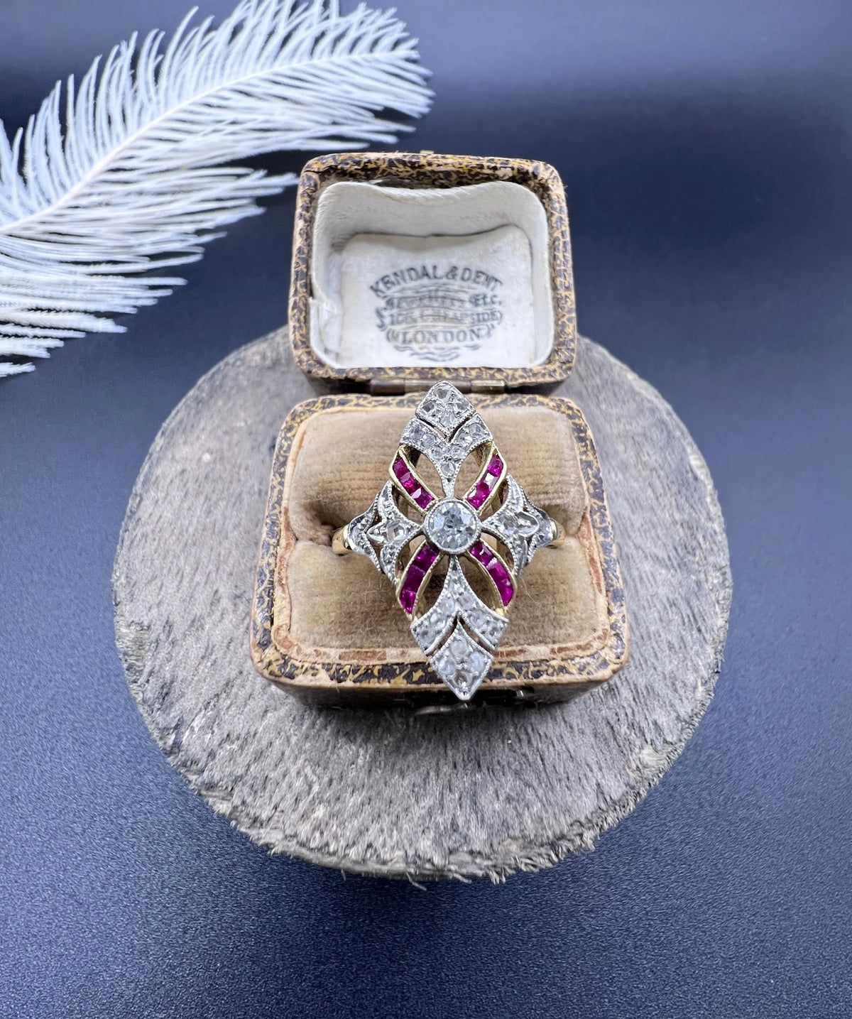 Antique Edwardian Ruby Diamond Marquise Navette Shaped Ring in 18ct Gold & Platinum