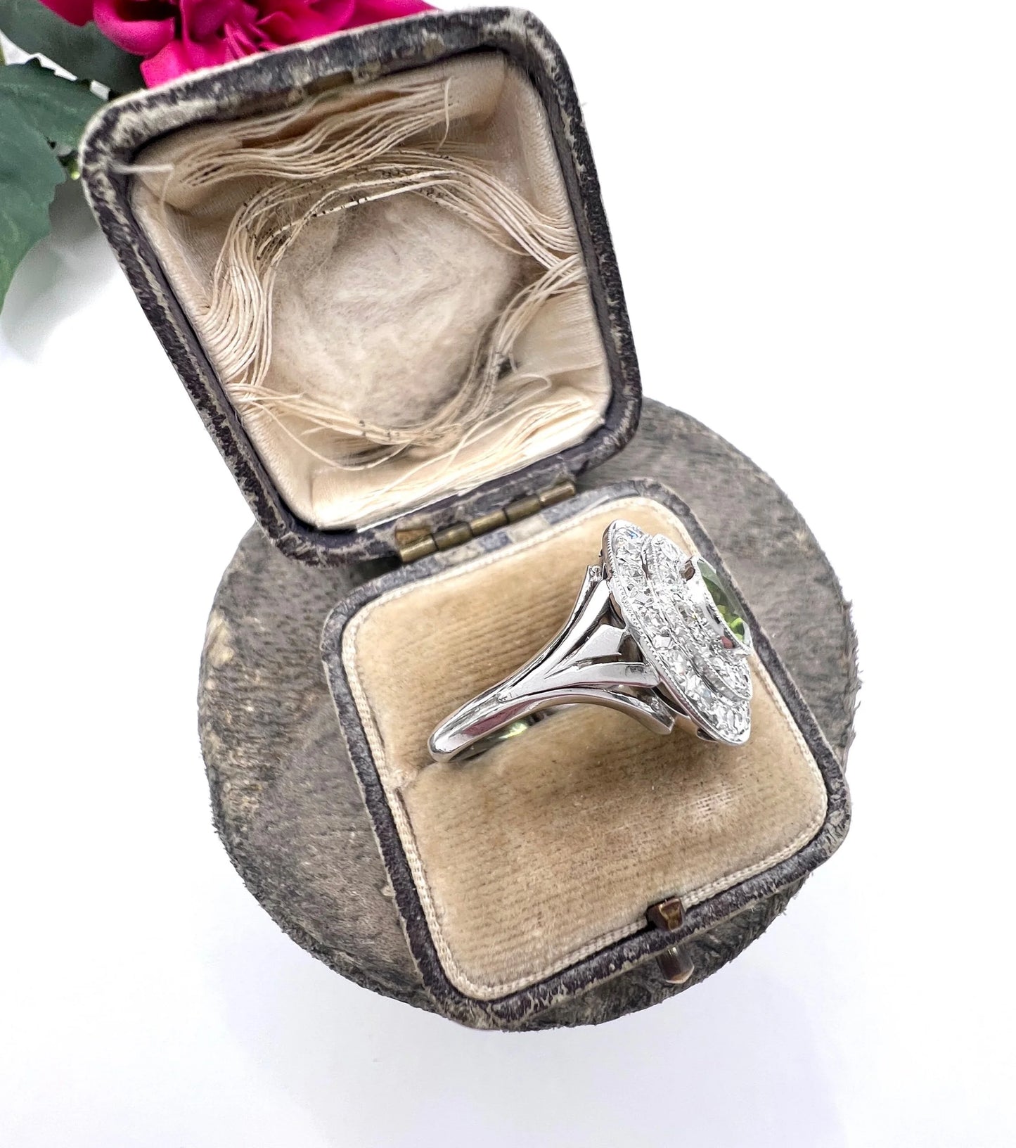 Vintage 18ct Gold French, 1940s Peridot and Diamond Double Halo Ring