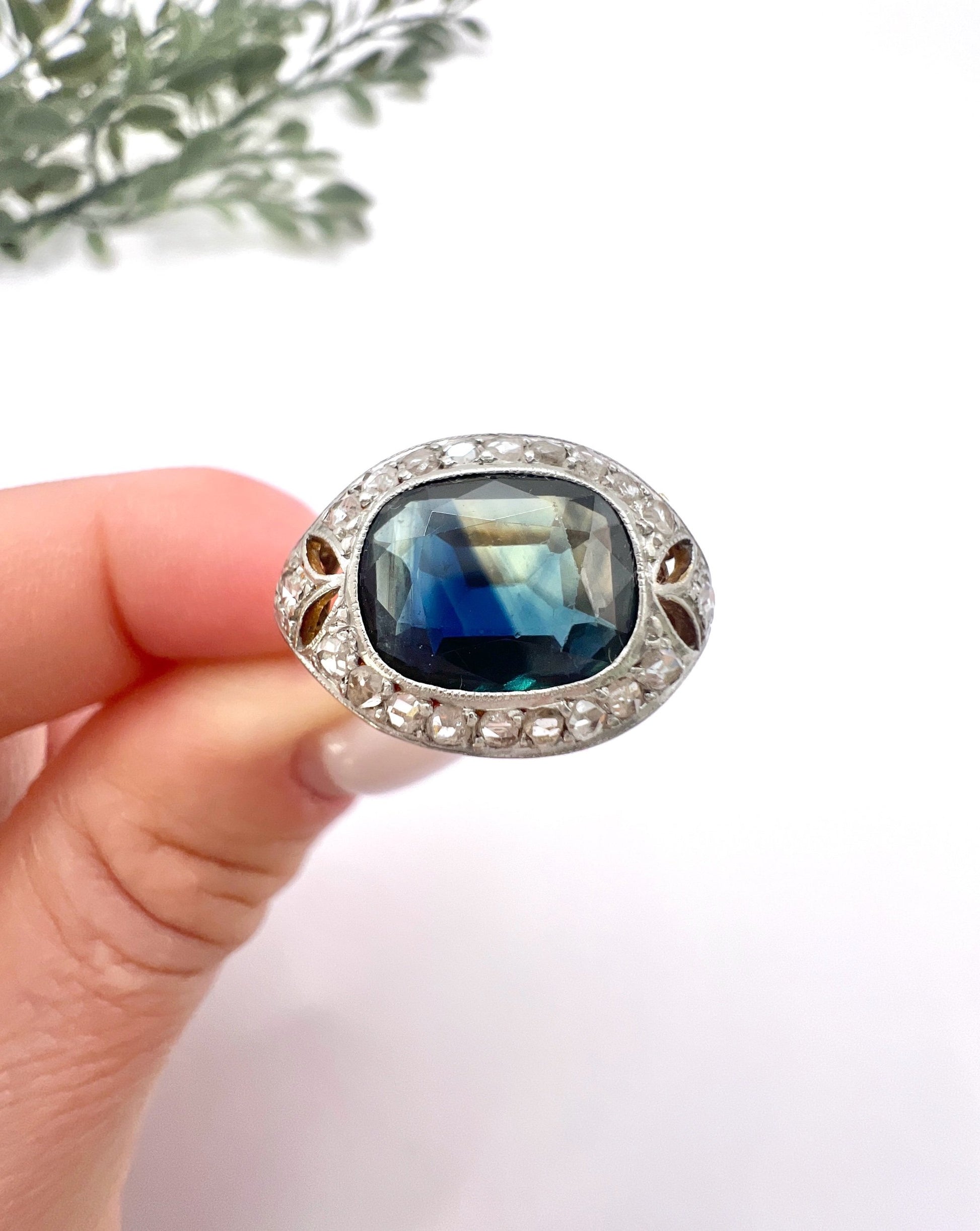 Antique 18ct Gold & Platinum, Edwardian Cushion Cut Sapphire and Diamond Ring
