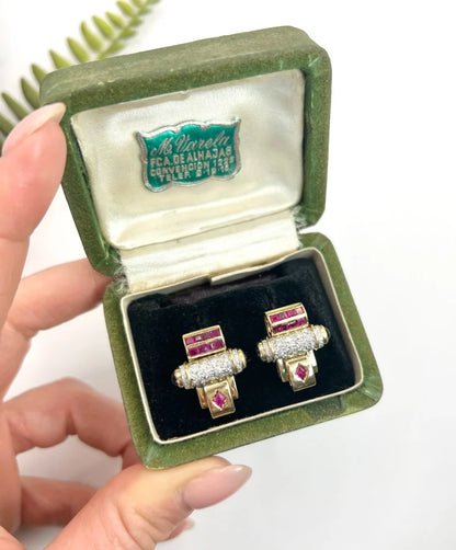 Art Deco Earrings With Old Cut Diamonds, Rubies And Onyx In 18 Carat Yellow And White Gold
