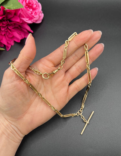 Antique 9ct Yellow Gold, Albert Chain Necklace: Edwardian Fancy Paperclip Link