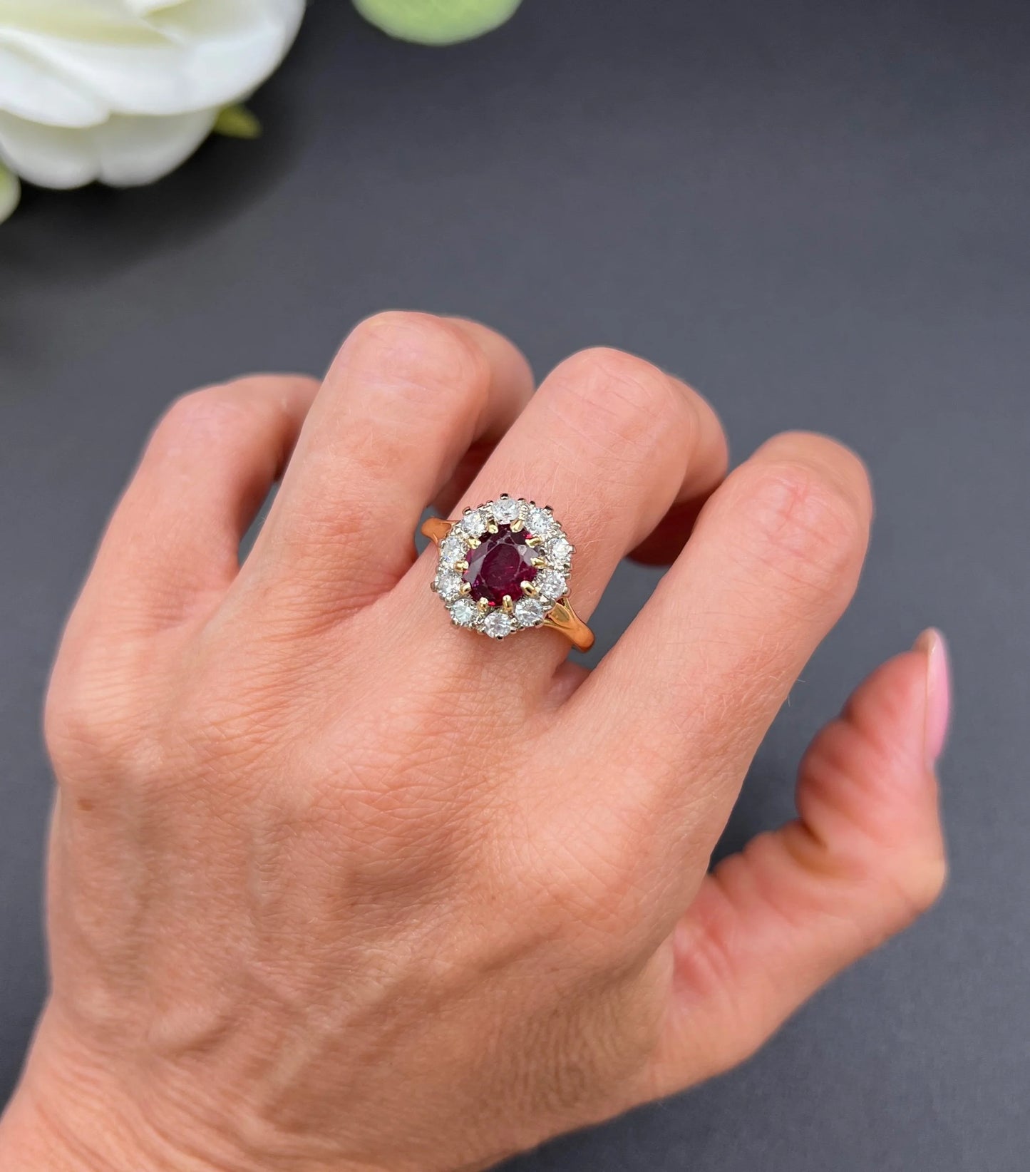 Vintage 18ct Gold, 1950s Ruby & Diamond Cluster Ring