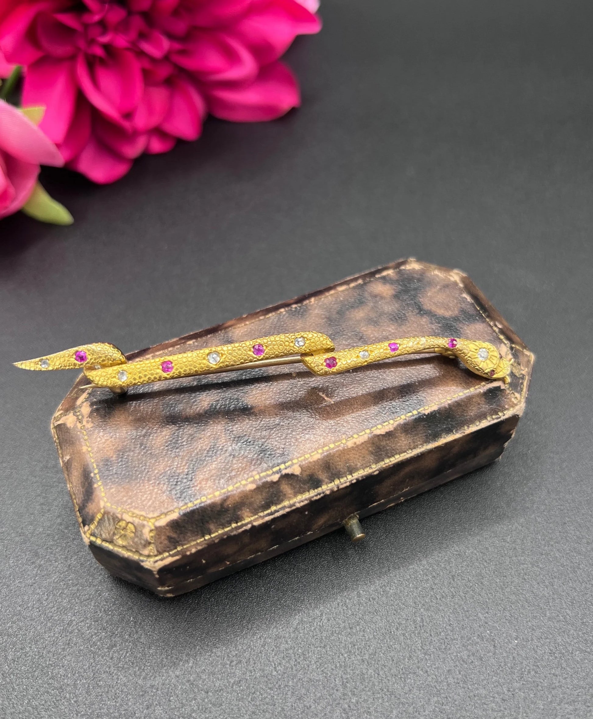 Antique 18ct Gold, Edwardian Ruby & Diamond Snake Brooch
