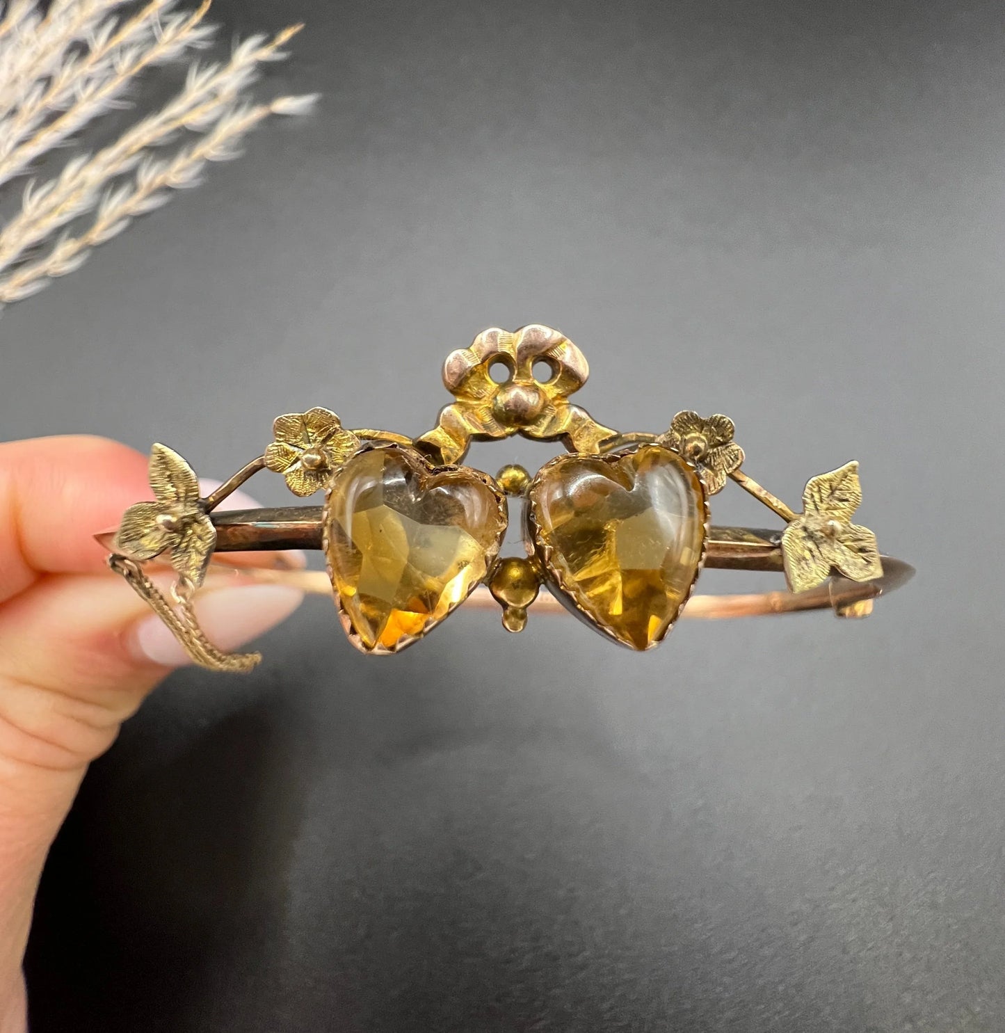 Antique 9 ct Gold Edwardian Citrine Heart, Knife Edge Bangle