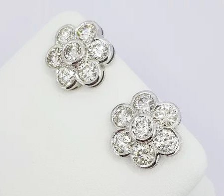 Daisy Diamond Cluster Stud Earrings, 3.00 carat total, mounted in 18ct white gold, with post and butterfly fittings.