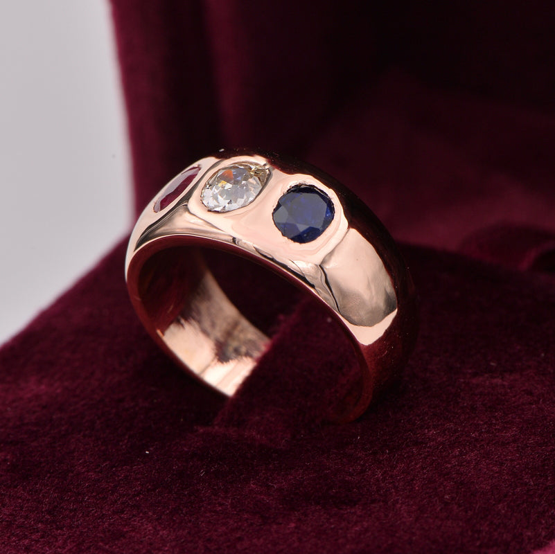 Victorian Antique 0.70ct Old Mine Cut Diamond Ruby Sapphire Three Stone Band Ring