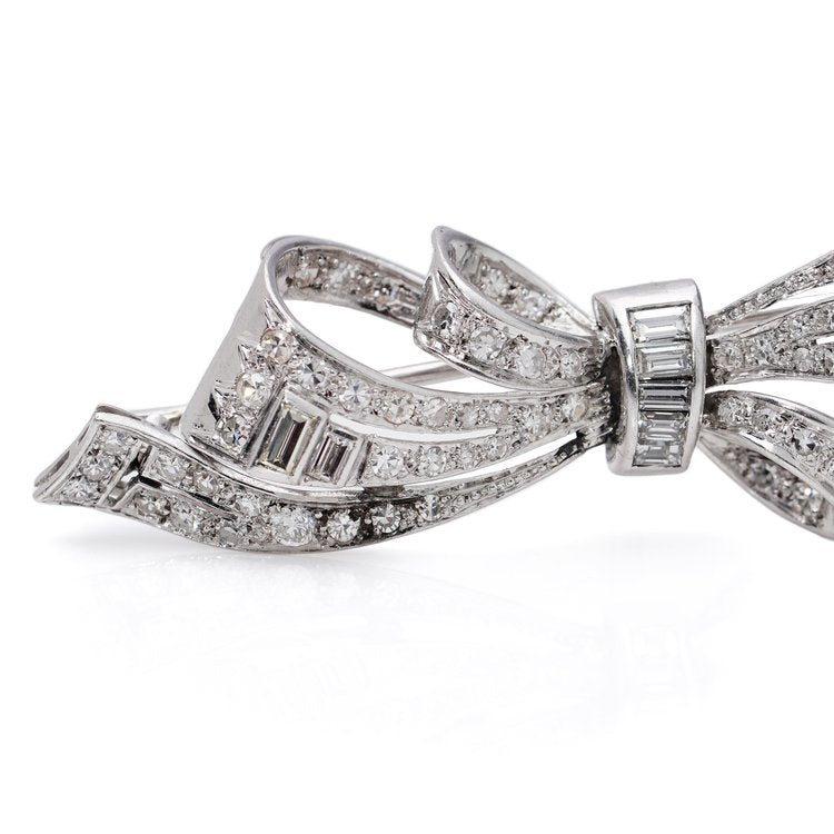 Vintage 1940s Brilliant and Baguette Diamond Platinum Bow Brooch, 2.56 carat total