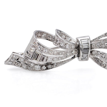 Vintage 1940s Brilliant and Baguette Diamond Platinum Bow Brooch, 2.56 carat total
