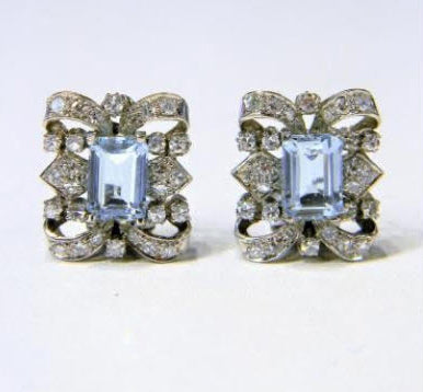 Vintage Art Deco Style 4ct Aquamarine and Diamond Cluster Earrings, Circa 1940s