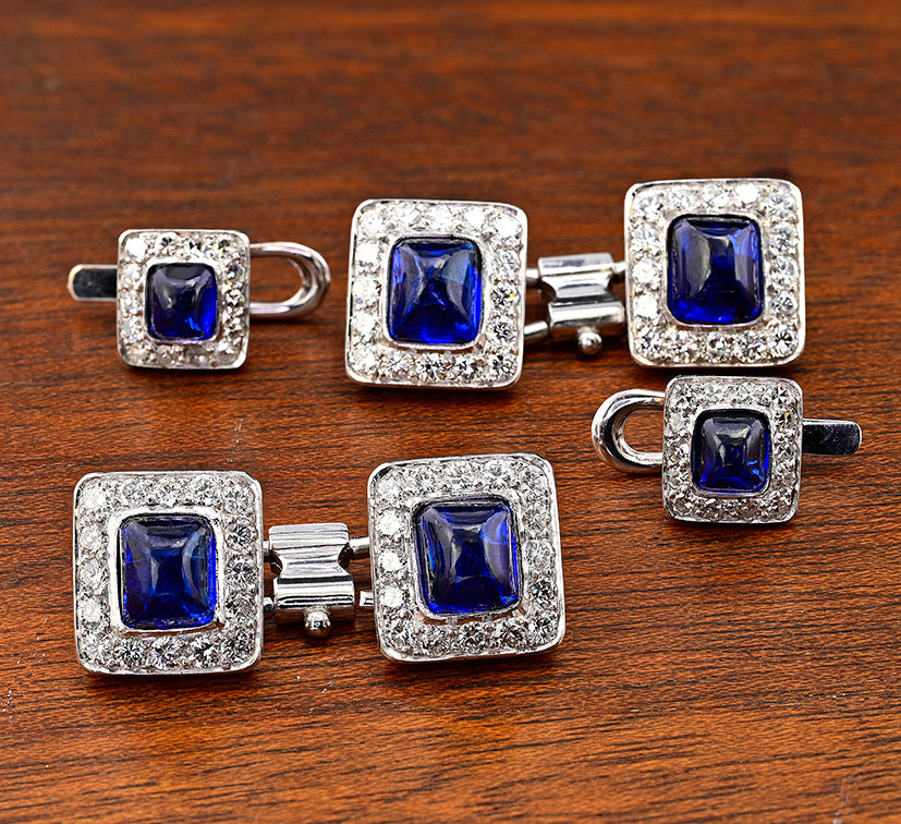 Vintage 11.40ct Sugarloaf Sapphire and Diamond Cluster Cufflinks Suite Dress Set
