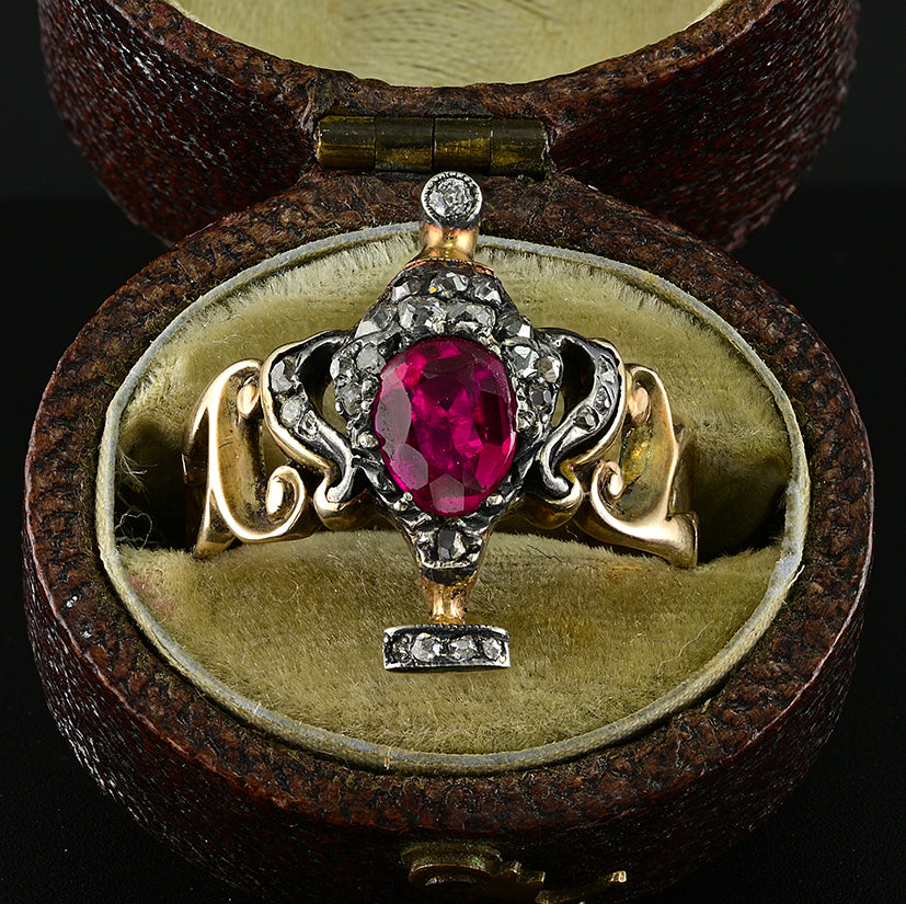 Georgian Antique Natural No Heat Ruby and Diamond Urn Ring Possibly Burma Ruby