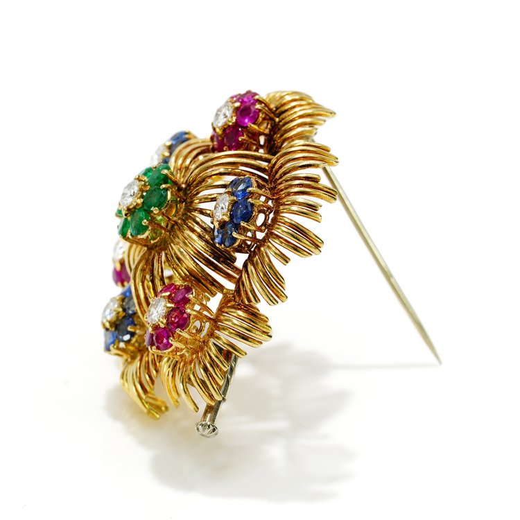 Vintage Multi Gemstone 18ct Yellow Gold Flower Brooch