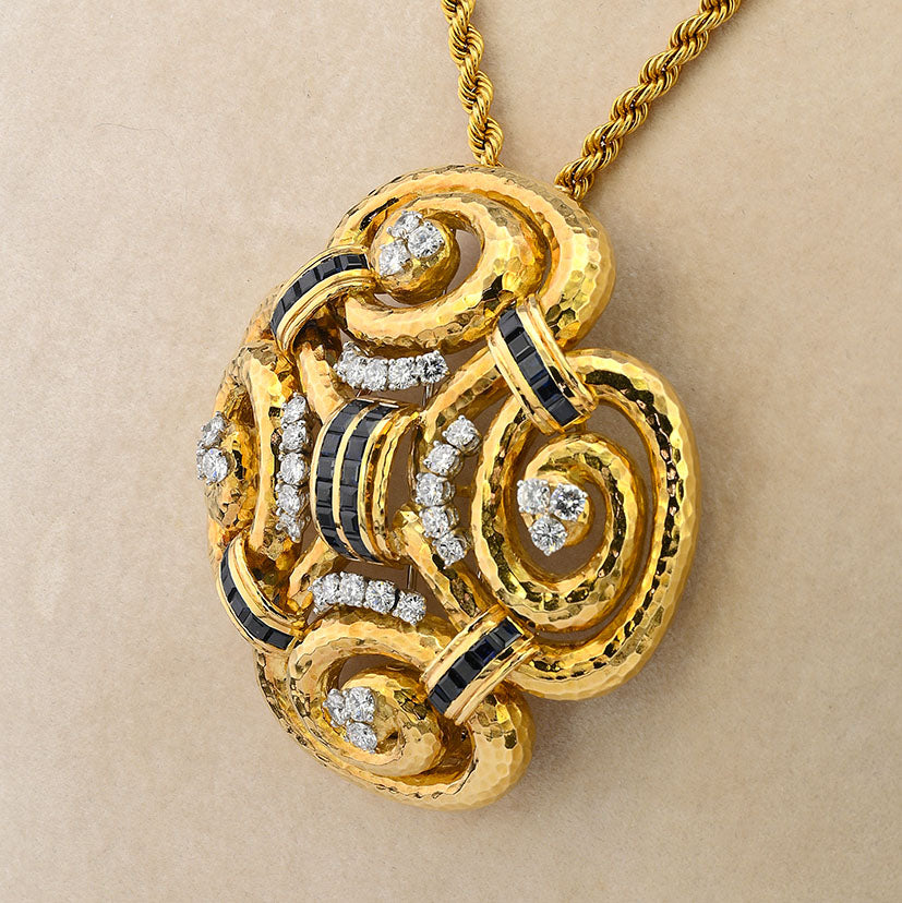 David Webb Ancient World Collection 7ct Sapphire 6.40ct Diamond and Gold Pendant come Brooch