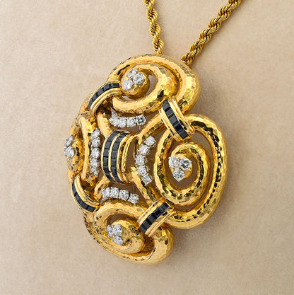 David Webb Ancient World Collection 7ct Sapphire 6.40ct Diamond and Gold Pendant come Brooch