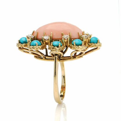 Ben Rosenfeld Angel Skin Coral, Turquoise and Diamond Cluster Ring