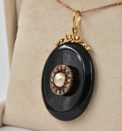 Antique Victorian Natural Pearl Diamond Black Onyx Locket Pendant
