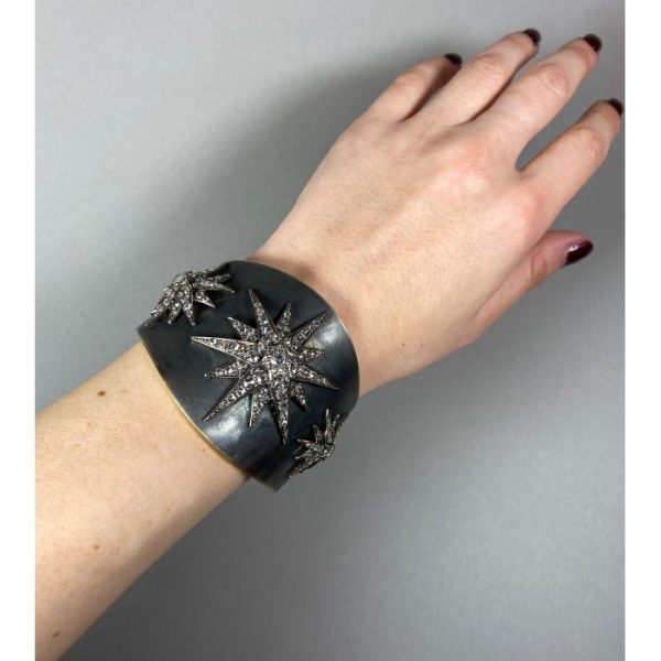 Vintage Rose Cut Diamond Star Cuff Bangle Bracelet in Silver Upon Gold