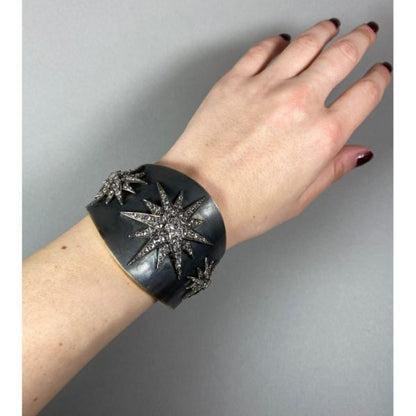 Vintage Rose Cut Diamond Star Cuff Bangle Bracelet in Silver Upon Gold