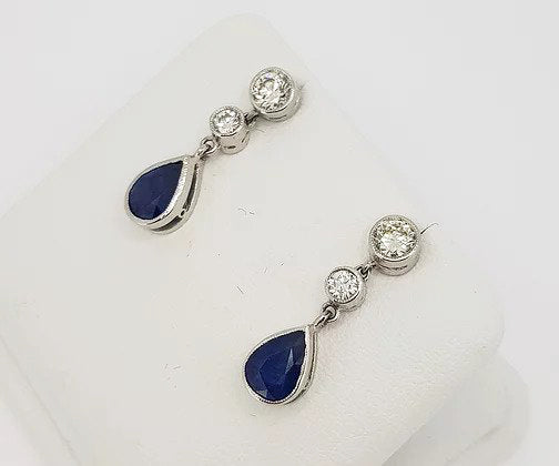Pear Shaped 1.25ct Sapphire and Diamond Drop Earrings, 18ct Gold