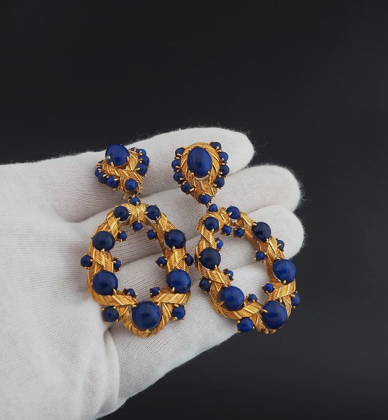 Vintage Retro Lapis Lazuli and 18ct Yellow Gold Earrings