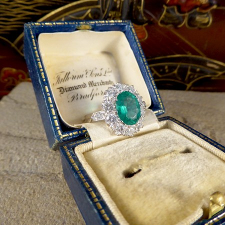 Emerald and Diamond Oval Cluster Ring, 3.45 carat total, in Platinum