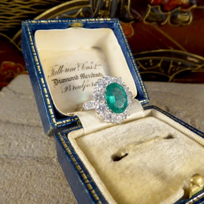 Emerald and Diamond Oval Cluster Ring, 3.45 carat total, in Platinum