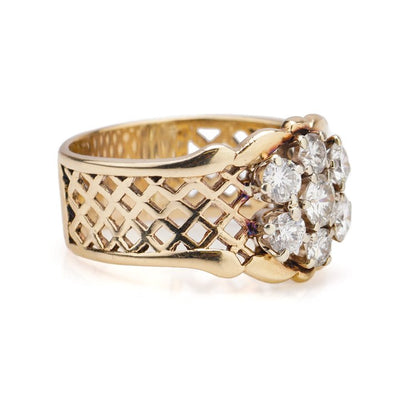 Vintage Pierced Gold Band Ring with 1.85ct Diamond Floral Cluster