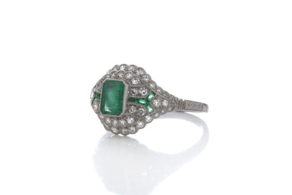 Art Deco Style Emerald, Diamond and Platinum Cluster Dress Ring