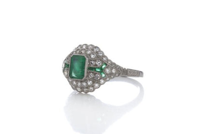 Art Deco Style Emerald, Diamond and Platinum Cluster Dress Ring