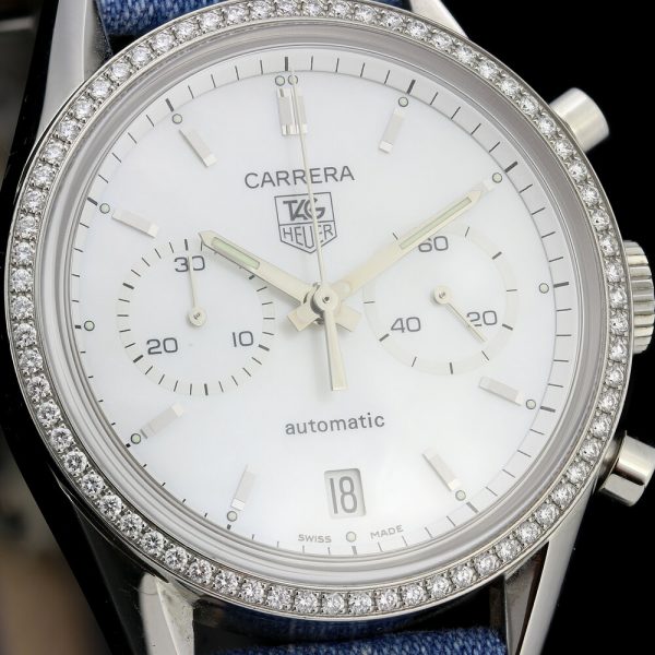 Tag Heuer Carrera 39mm Steel Automatic Watch with Diamond Set Bezel, ref CV2116, with a blue denim strap and additional black leather strap, in original box