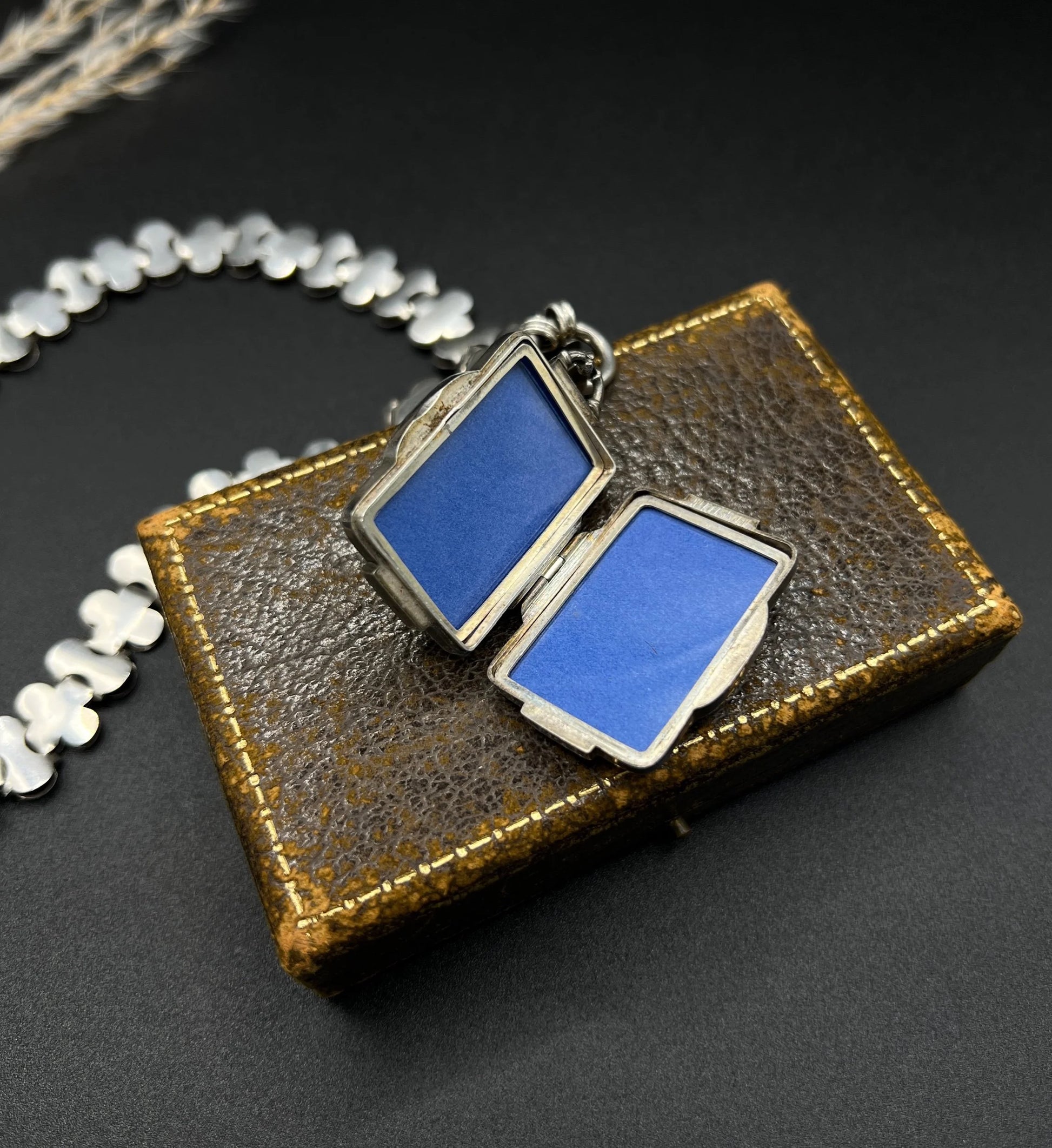 Victorian Sterling Silver Book Chain Necklace with Silver and Gold Inlaid Butterfly Locket