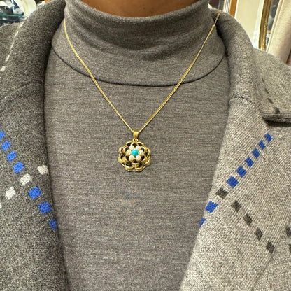 Vintage Turquoise and Pearl Cluster Pendant