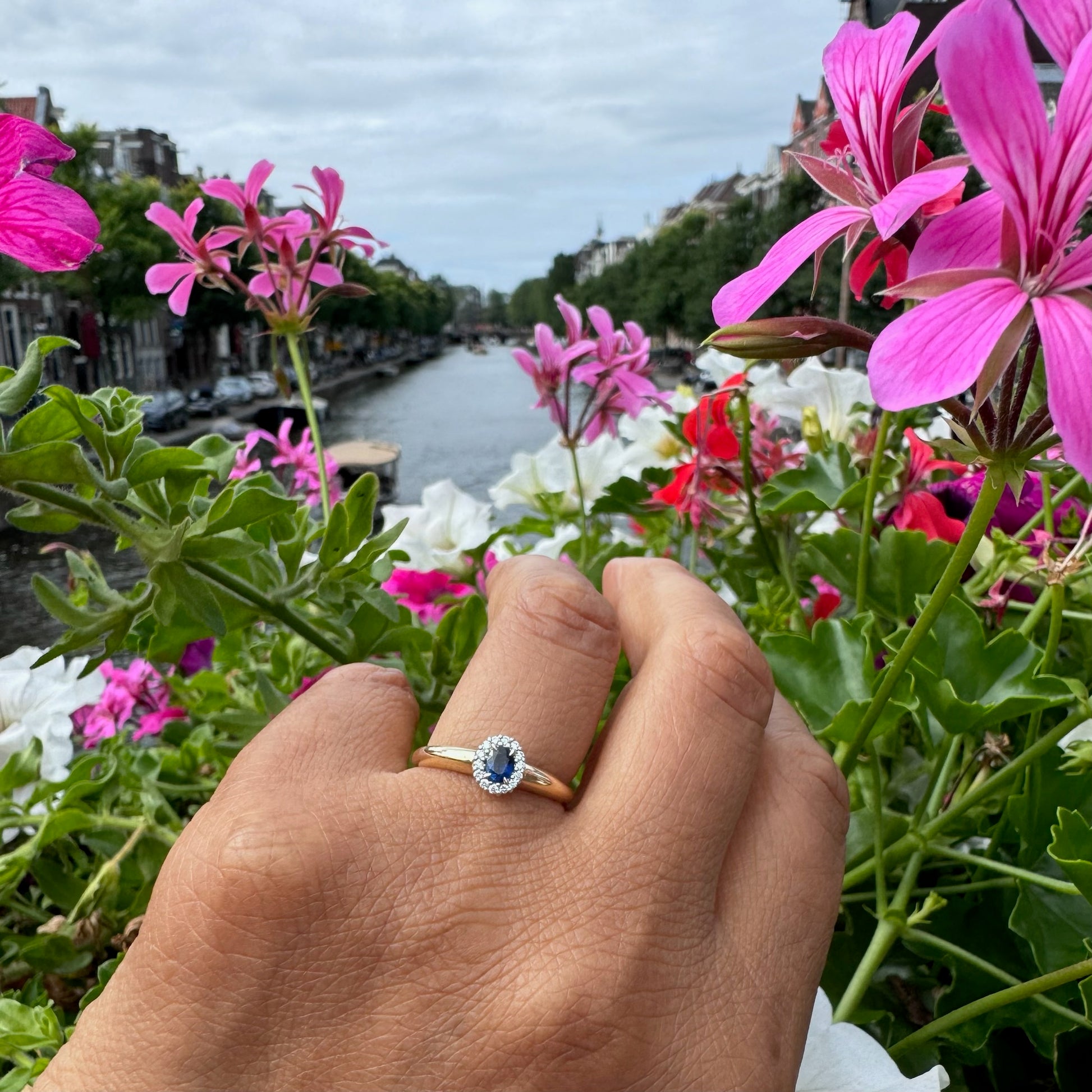 14 Carat Yellow and White Gold Sapphire and Diamond Oval Cluster Ring