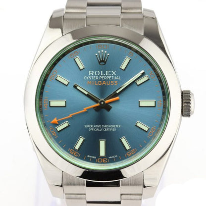 Rolex Milgauss Blue Dial 40mm Stainless Steel Automatic Wristwatch; blue dial with green crystal, on stainless steel Oyster bracelet, Circa 2014, Rolex box and papers