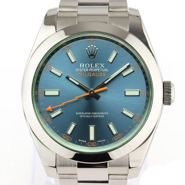Rolex Milgauss Blue Dial 40mm Stainless Steel Automatic Wristwatch; blue dial with green crystal, on stainless steel Oyster bracelet, Circa 2014, Rolex box and papers