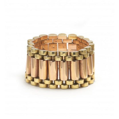 Vintage 1940s Two Tone 18ct Gold Bracelet; central row of 18ct rose gold cylindrical links flanked by 18ct yellow gold cylindrical brick-style links to either side