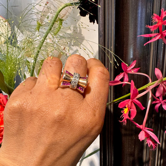 Retro 14 Carat Yellow and White Gold Ruby and Diamond Tank Style Ring