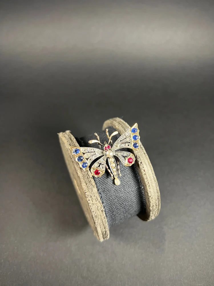 Antique Butterfly Brooch in 18 Carat Rose Gold And Silver With Gemstones