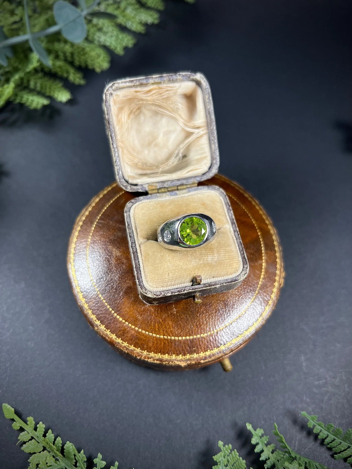 Vintage French Platinum, Peridot and Diamond Five Stone Ring, Circa 1940