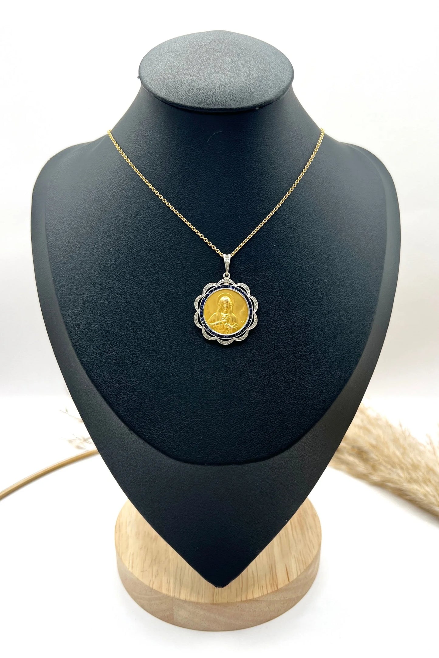 Antique 18 Carat Gold, Platinum and Sapphire Scared Heart Madonna Medal Pendant