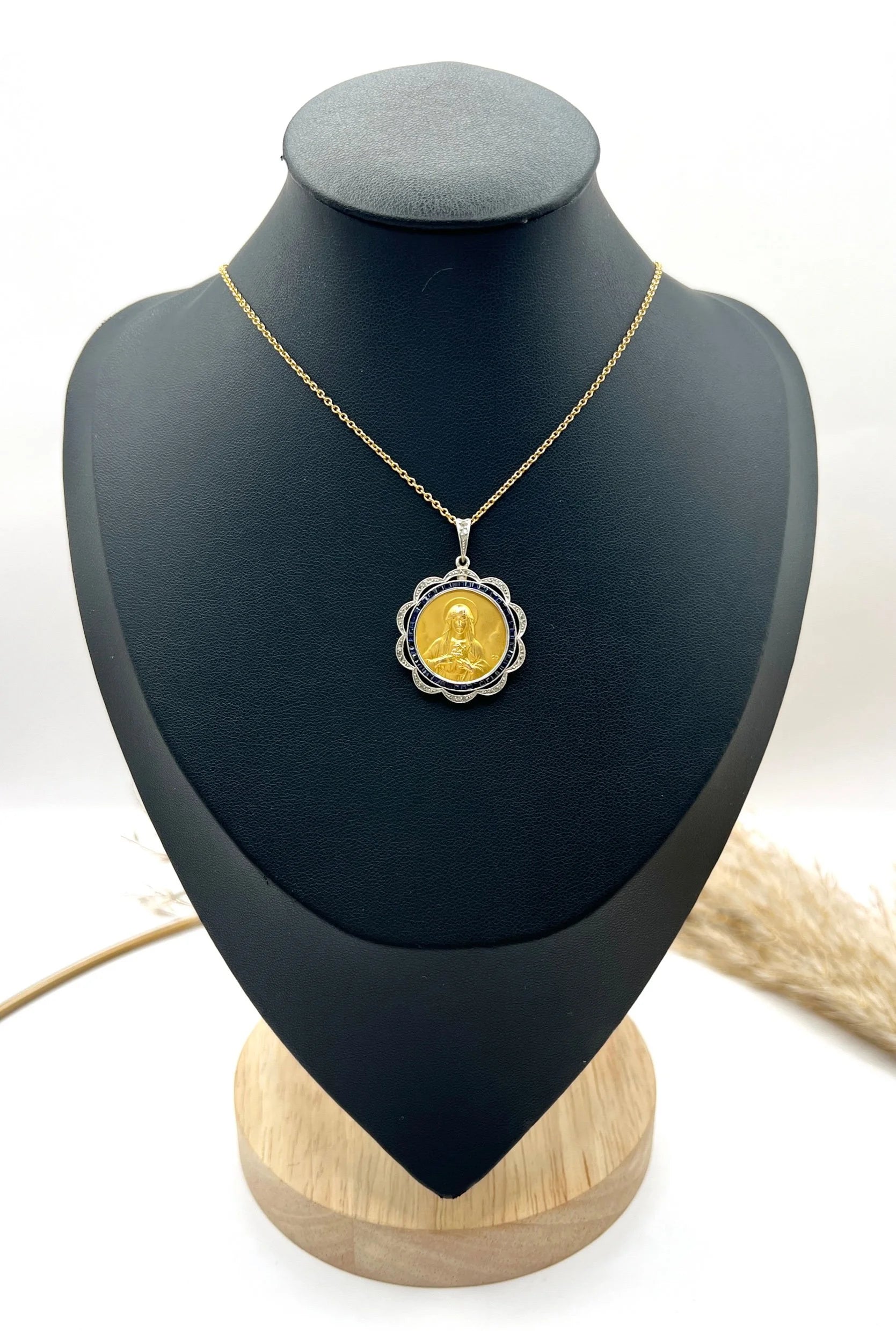 Antique 18 Carat Gold, Platinum and Sapphire Scared Heart Madonna Medal Pendant