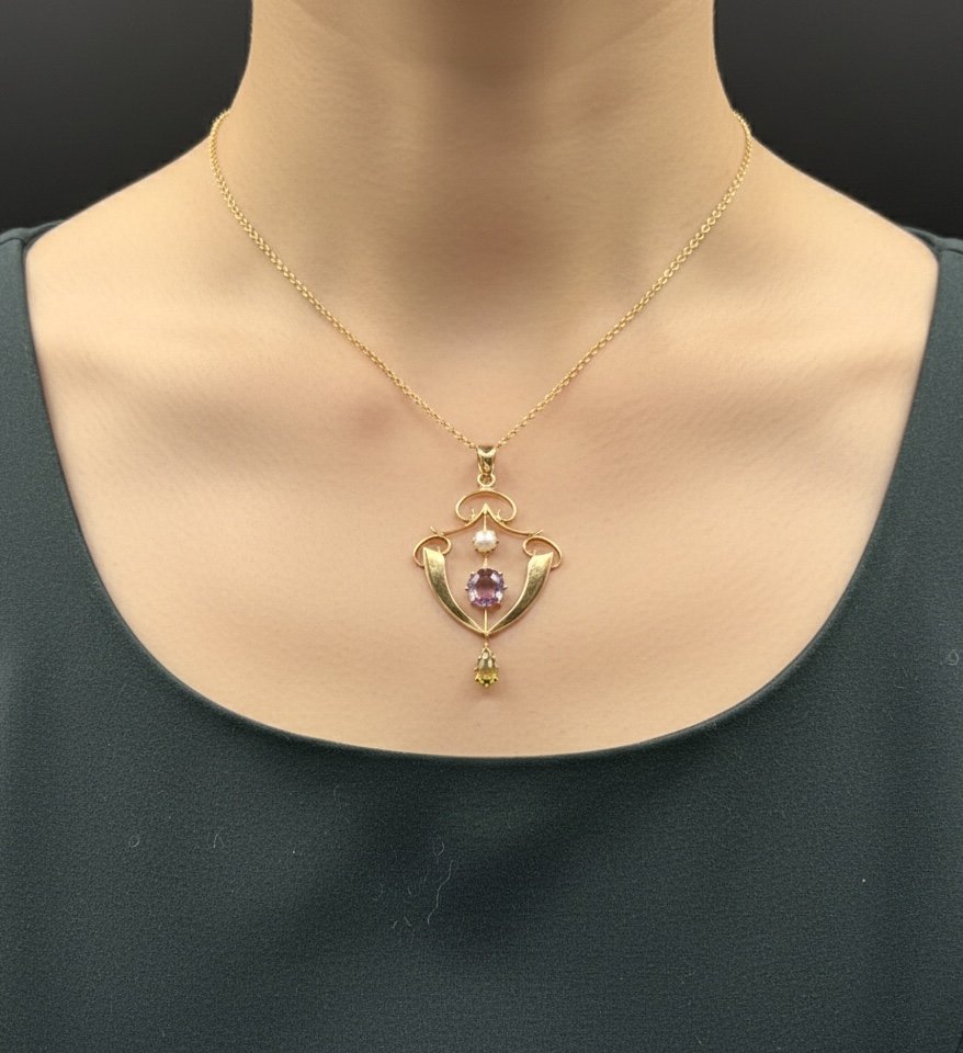 Antique 9ct Gold, Edwardian Amethyst, Pearl & Peridot Suffragette Pendant