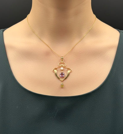 Antique 9ct Gold, Edwardian Amethyst, Pearl & Peridot Suffragette Pendant