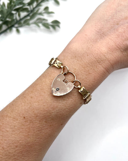 Antique 9 Carat Rose Gold Fancy Link Bracelet with Heart Shaped Padlock
