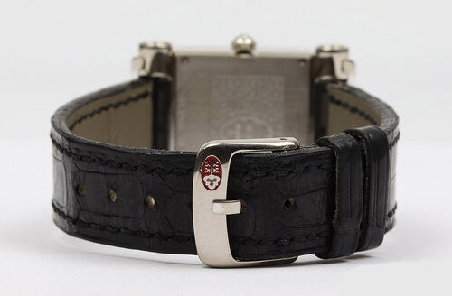 Corum Tabogan 18ct White Gold Watch; 18ct white gold case encrusted with diamonds, white dial with red Arabic numerals, Quartz movement, on Corum black leather strap with 18ct white gold buckle