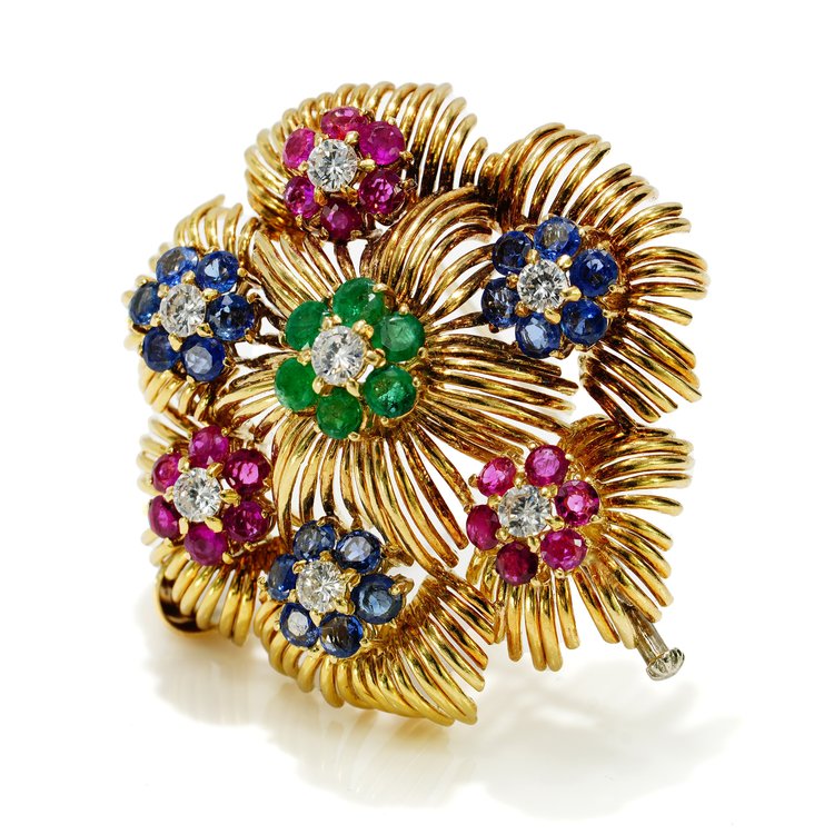 Vintage 1940s 18ct Yellow Gold Flower Brooch with diamond ruby emerald sapphire