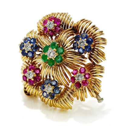 Vintage 1940s 18ct Yellow Gold Flower Brooch with diamond ruby emerald sapphire