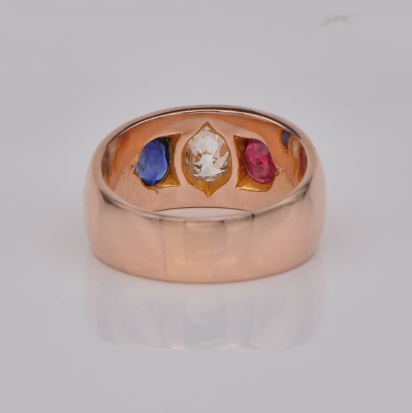 Victorian Antique 0.70ct Old Mine Cut Diamond Ruby Sapphire Three Stone Band Ring