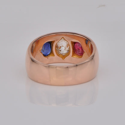 Victorian Antique 0.70ct Old Mine Cut Diamond Ruby Sapphire Three Stone Band Ring