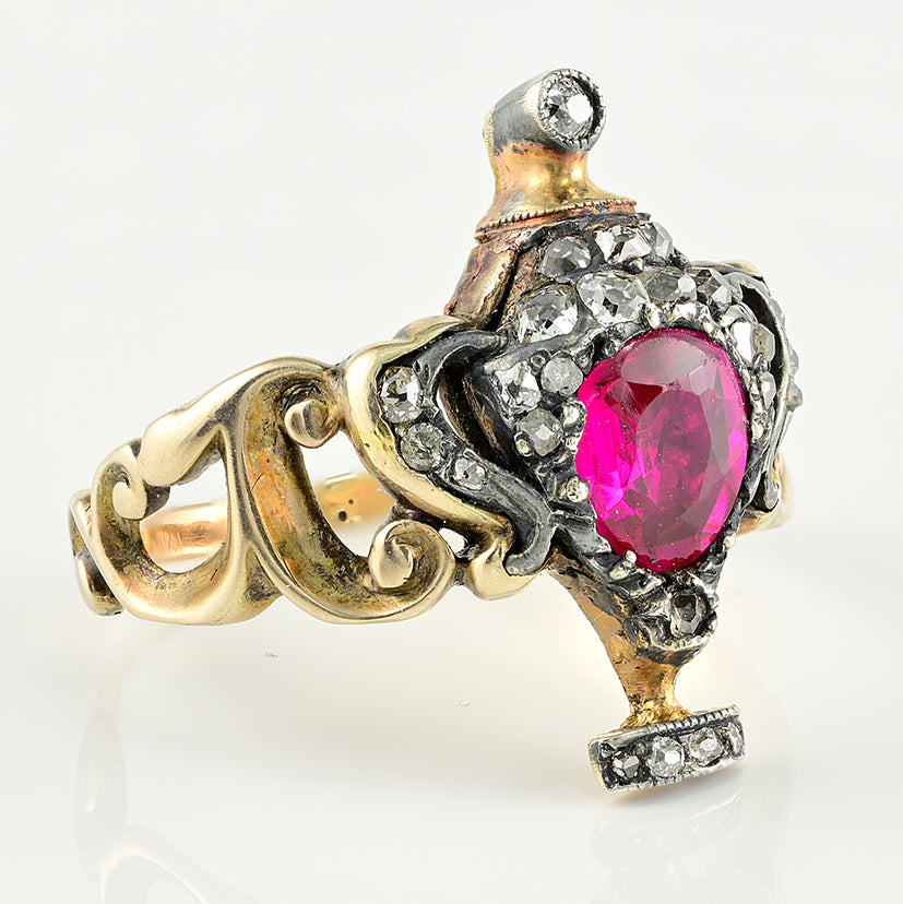Georgian Antique Natural No Heat Ruby and Diamond Urn Ring Possibly Burma Ruby